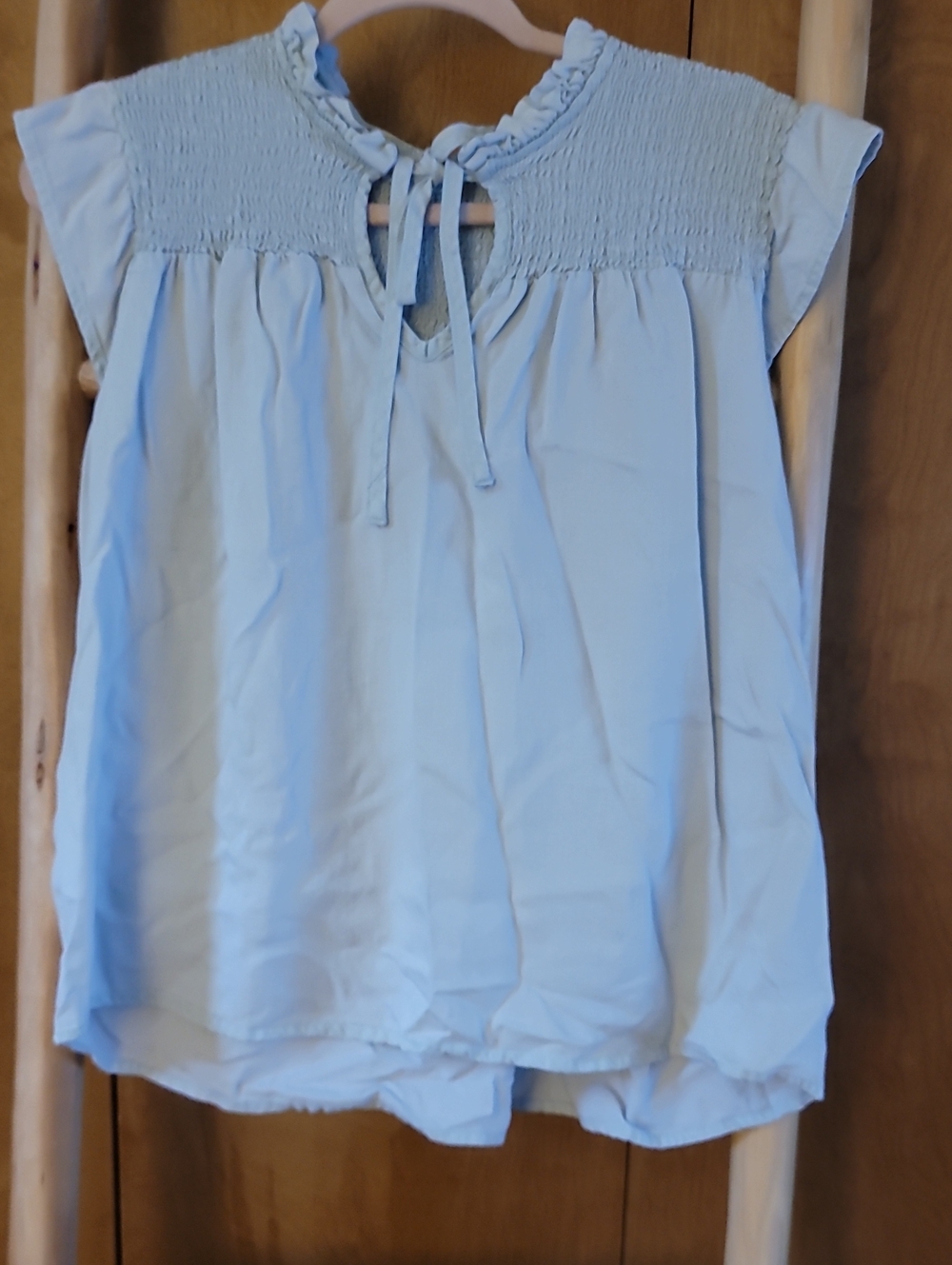 For The Republic Light Blue Smocked Tie-Neck Cap Sleeve Blouse